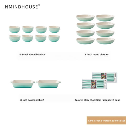 LA SOURCE Stoneware Dinnerware Set - Macaron Reactive Glaze Bowls, Deep Plates & Baking Dish for Modern Homes