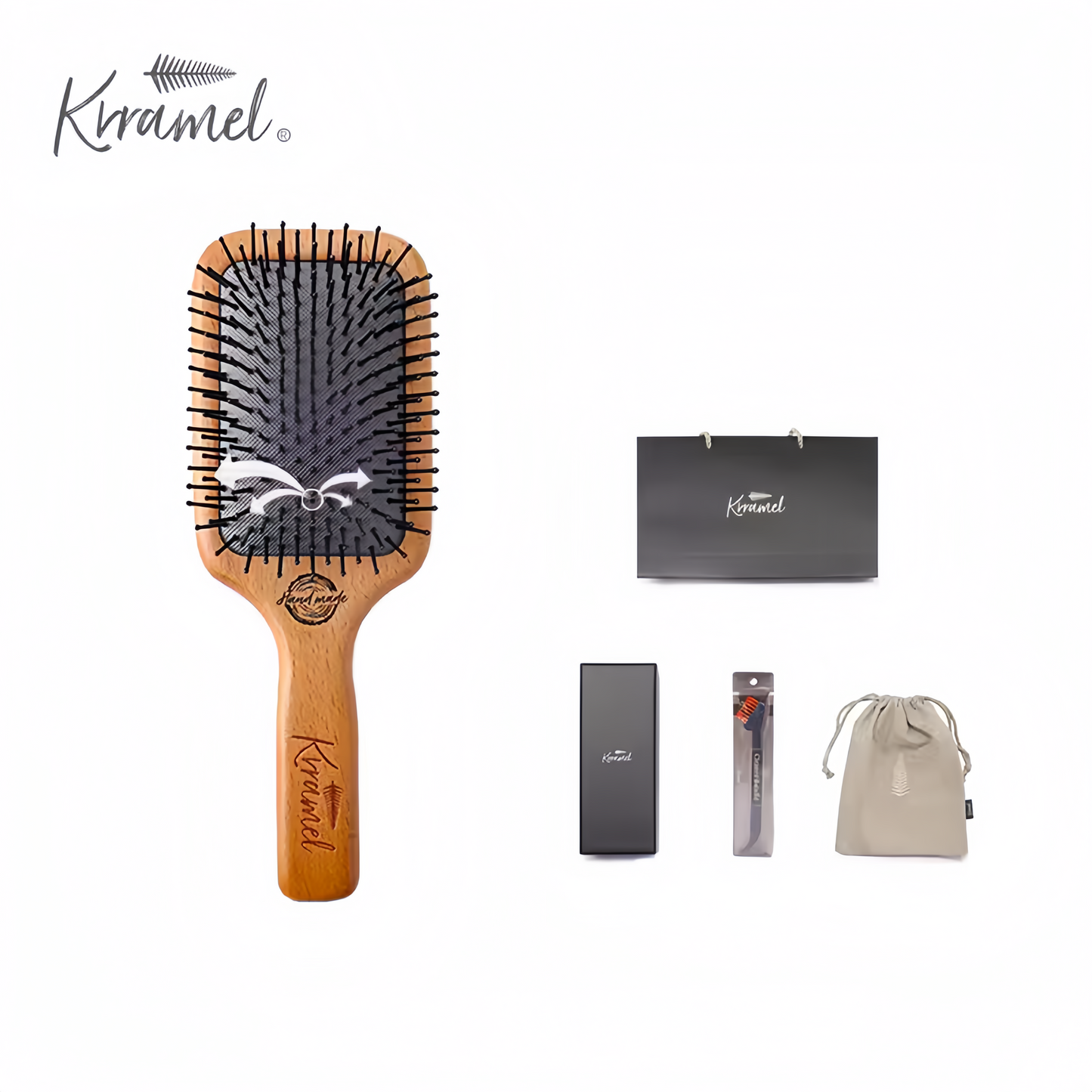 KRRAMEL Hair Massage comb Paddle Brush premium quality fine wood FREE Gift Box & bag cover