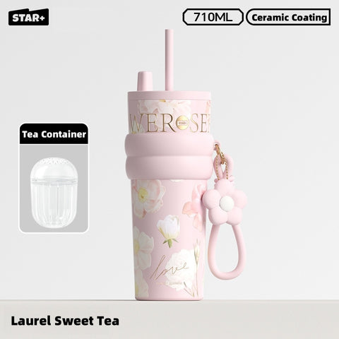 STAR+ Floral Aurora 710ml Stainless Steel Vacuum Insulated Water Bottle with Ceramic Coating – 12H Heat & 24H Cold Retention, Dual Drinking Options, Leakproof Design (Rainy Spring, Sweet Osmanthus, Moonlit Camellia)