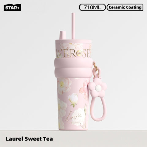 STAR+ Floral Aurora 710ml Stainless Steel Vacuum Insulated Water Bottle with Ceramic Coating – 12H Heat & 24H Cold Retention, Dual Drinking Options, Leakproof Design (Rainy Spring, Sweet Osmanthus, Moonlit Camellia)