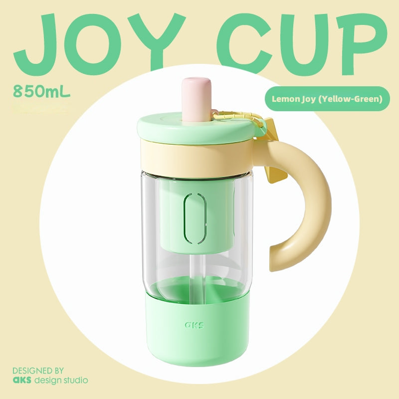 AKS JOY CUP 850mL Large Capacity Glass Tumbler with Tea Infuser & Straw - Leak-Proof, Heat-Resistant, with Handle and Detachable Lid for Iced Tea and Summer Drinks