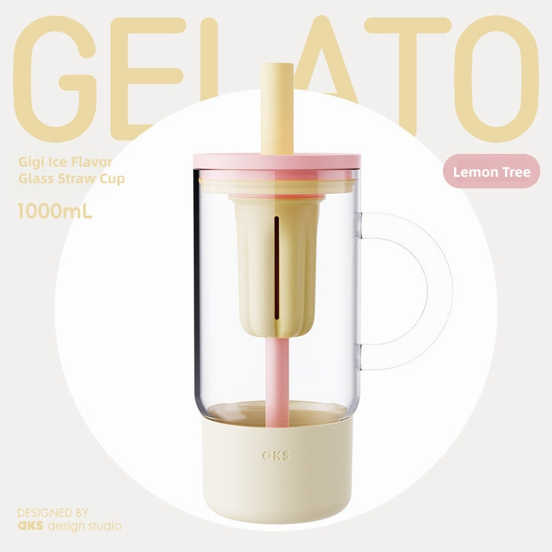 AKS Gigi Ice Flavor Glass Straw Cup with Handle & Tea Infuser – 600mL/1000mL Borosilicate Glass Tumbler with Silicone Sleeve, Fruit Color Reusable Water Bottle for Office, Outdoor & Travel