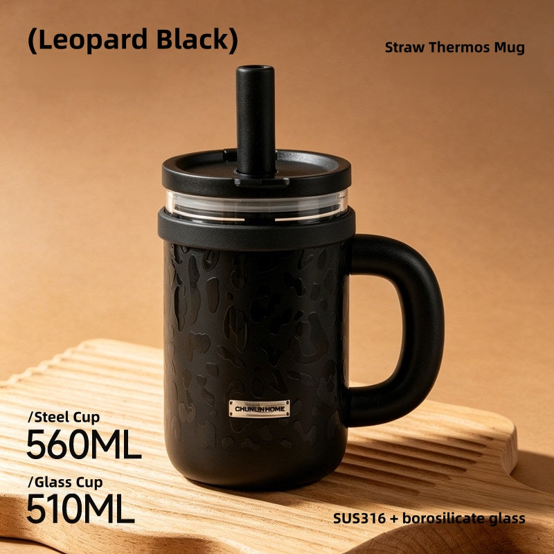 CHUNLIN HOME Dual-Liner Insulated Coffee Tumbler 560ml (Steel) / 510ml (Glass), 316 Stainless Steel & Glass Travel Mug with Leak-Proof 130° Flip Lid, Portable Crossbody Strap, Straw & Wide Mouth, BPA-Free Double Wall for Office, Commute, Car