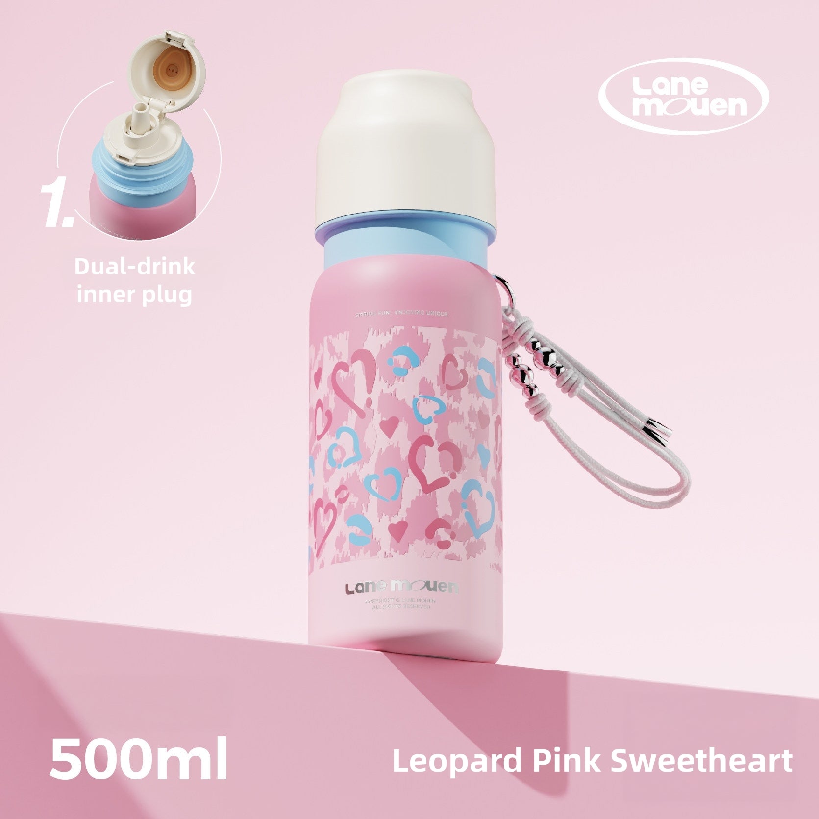 Lane Mouen 500ml Ceramic-Lined Insulated Water Bottle – Dual Drink (Straw & Spout), 316L Stainless Steel / Ceramic Inner Options, 6H Hot 72°C & Cold 6°C, Leak-Proof, BPA-Free Silicone, Leopard Print Travel Cup for Car, Office & Gym