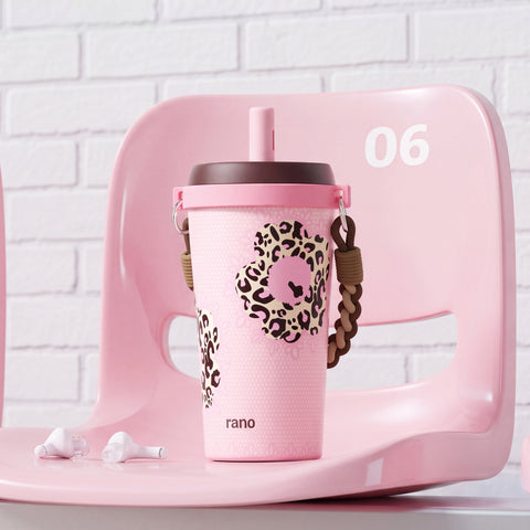 Rano Yosha 22oz Insulated Tumbler with Straw – Ceramic-Lined 316 Stainless Steel, Leak-Proof, Cute Leopard Print Travel Cup with Strap for Women & Girls