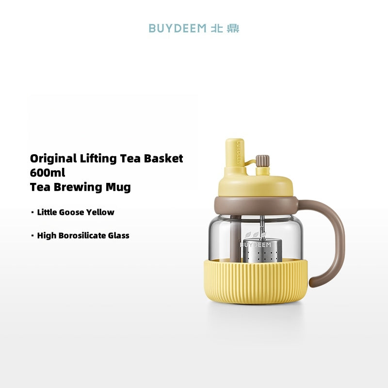 BUYDEEM Automatic Lift Tea Tumbler with Straw - 600ml & 800ml Glass Infuser Mug, Leak-Proof, Tritan Straw, Dual-Handle Design