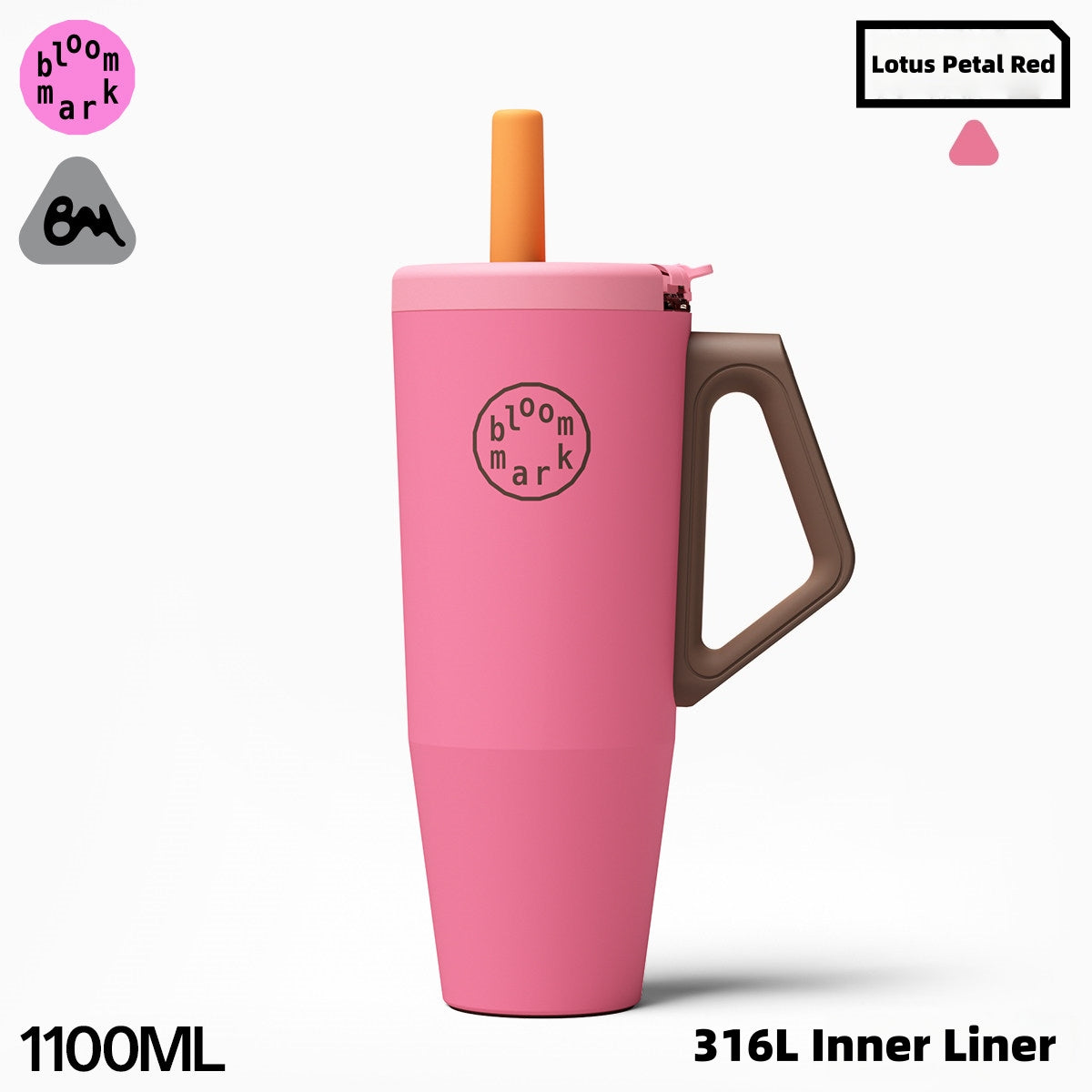 BloomMark 1100ml (40oz) One-Handed Insulated Tumbler with Straw & Handle – 316L Stainless Steel, Leakproof & Tritan Lid – 6H Hot/Cold, Fits Car Cup Holders