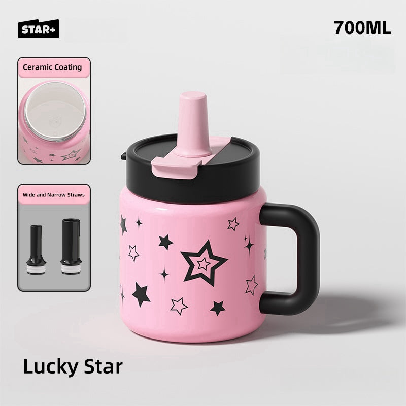 STAR+ Vacuum Insulated Stainless Steel Mug – 700ML Desk Cup with Leak-Proof Lid, Cute Print Design, Dual Drinking Modes