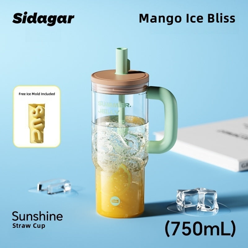 Sidagar Sunshine JELLY Straw Cup with Ice Grid - 750mL Leak-Proof Tritan Water Bottle, BPA-Free Summer Essentials for Cold Drinks
