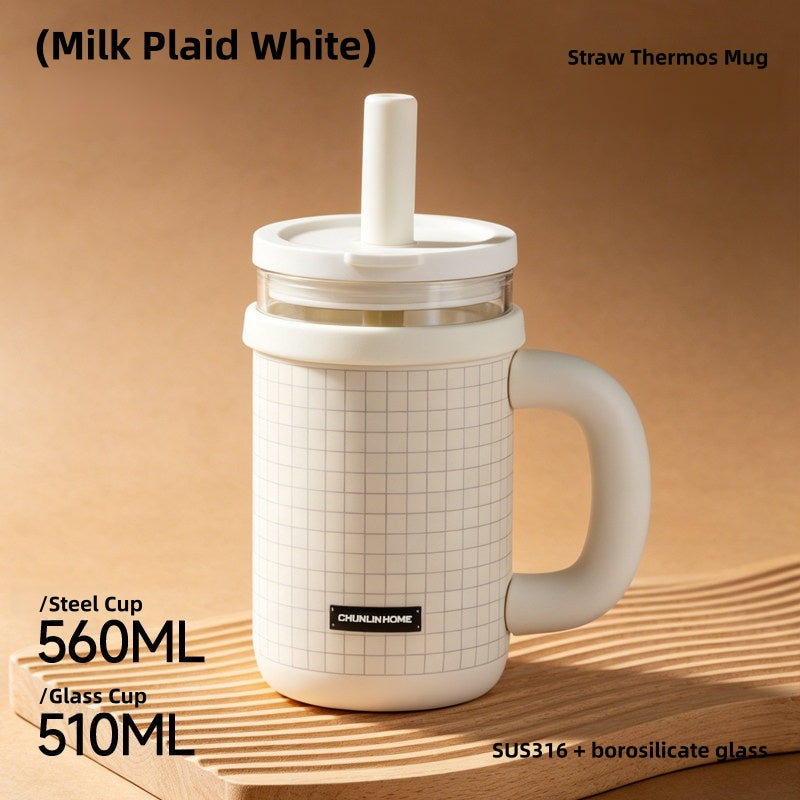 CHUNLIN HOME Dual-Liner Insulated Coffee Tumbler 560ml (Steel) / 510ml (Glass), 316 Stainless Steel & Glass Travel Mug with Leak-Proof 130° Flip Lid, Portable Crossbody Strap, Straw & Wide Mouth, BPA-Free Double Wall for Office, Commute, Car