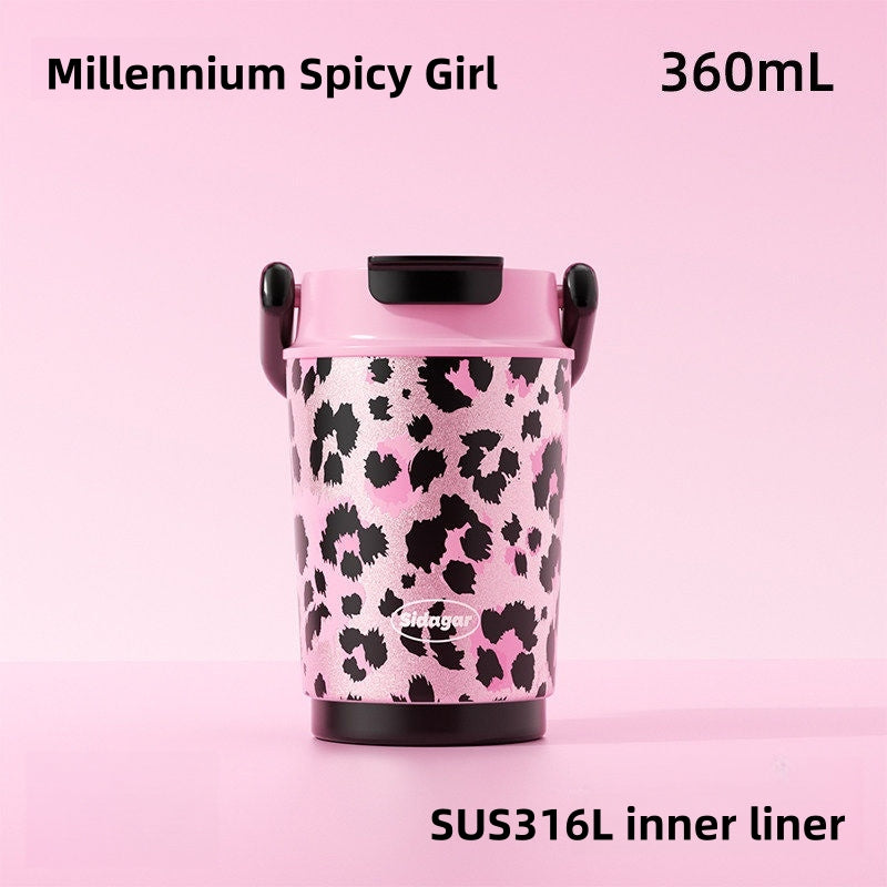 Sidagar Leopard Print Insulated Tumbler with Handle – 360ml SUS316L Stainless Steel Travel Mug, 2-in-1 Dual Drink Lid with Straw & Direct Sip, Leakproof Double Wall Vacuum Coffee Cup for Commute, Car & Leisure