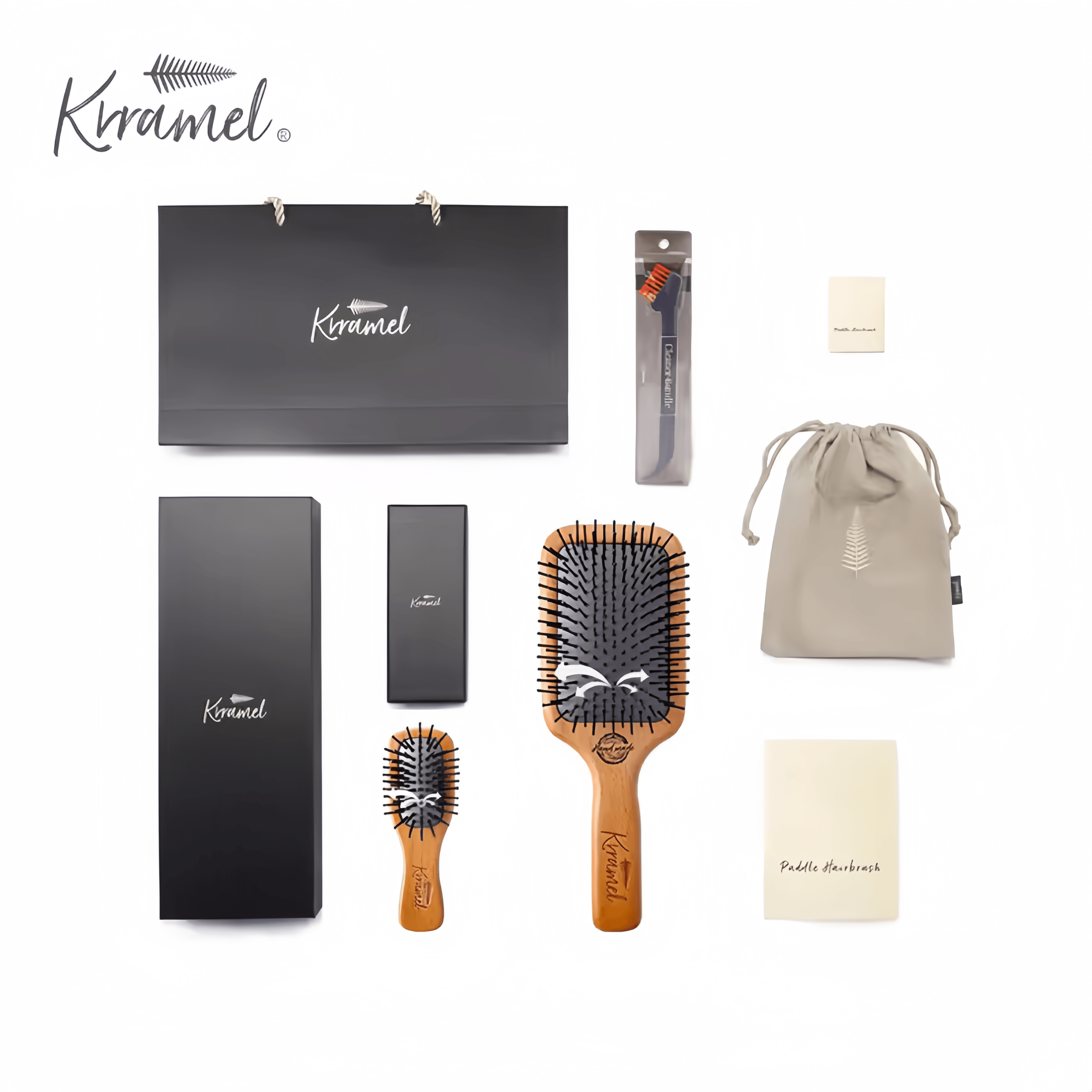 KRRAMEL Hair Massage comb Paddle Brush premium quality fine wood FREE Gift Box & bag cover