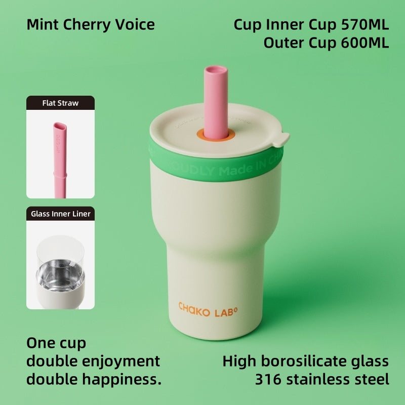 CHAKO LAB Dual-Layer Insulated Tumbler – 570mL Borosilicate Glass Inner Cup & 600mL Stainless Steel Thermos, 2-in-1 Detachable Design for Hot/Cold Drinks