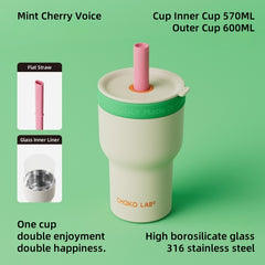 CHAKO LAB Dual-Layer Insulated Tumbler – 570mL Borosilicate Glass Inner Cup & 600mL Stainless Steel Thermos, 2-in-1 Detachable Design for Hot/Cold Drinks