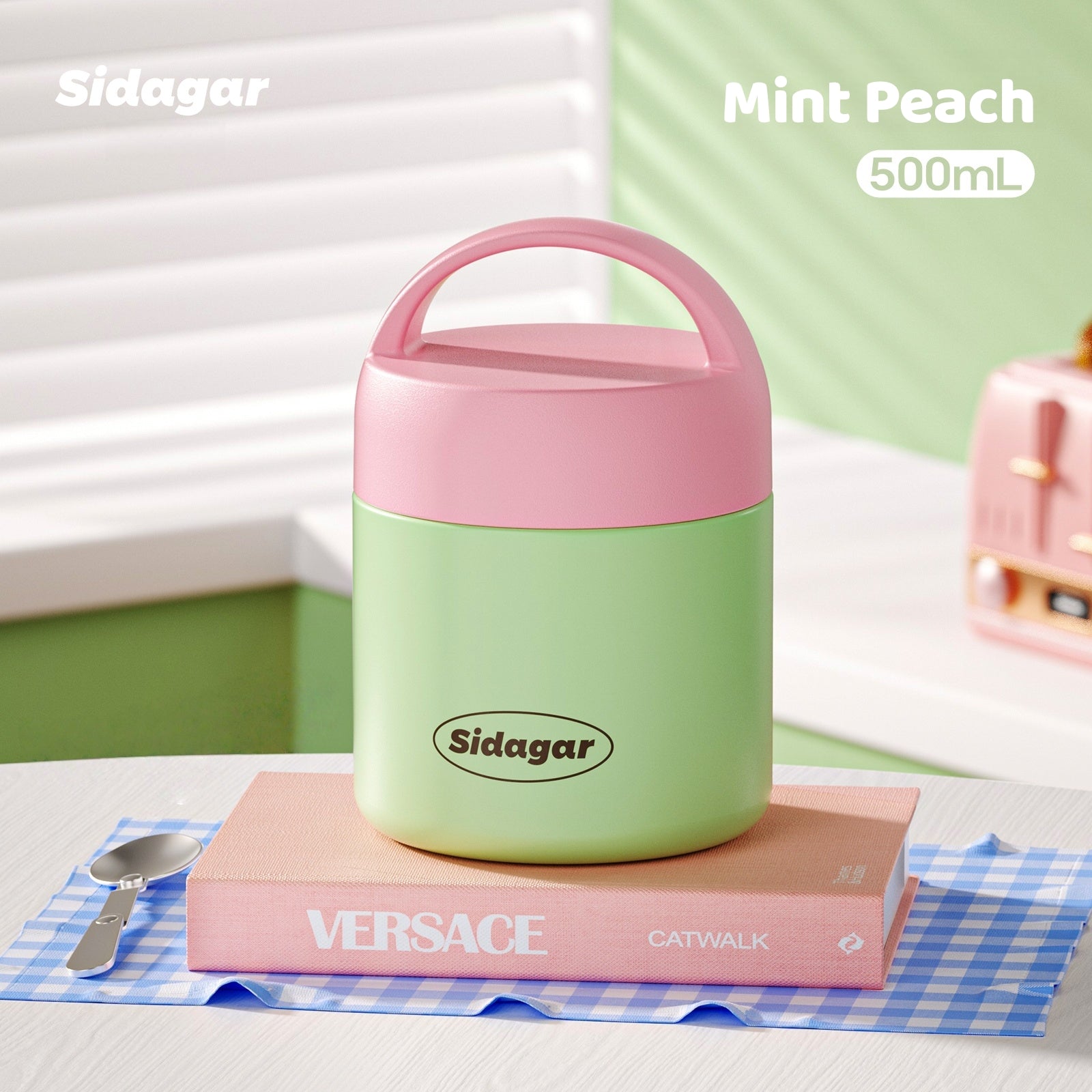 Sidagar 500ml Vacuum Insulated Lunch Box - 316L Stainless Steel Food Container with Foldable Spoon, Leak-Proof, for Work, School, Bento & Meal Prep (Mint Peach, Yellow, Pink)