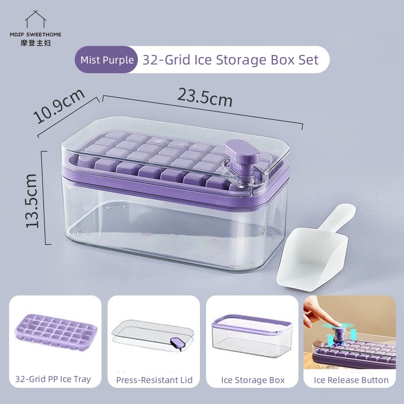 MDZF SWEET HOME Instant-Release Ice Cube Tray Set - 64 Cells, Food-Grade, Stackable, One-Press Ice Maker with Ice Scoop (Orange, Purple, Green, White)
