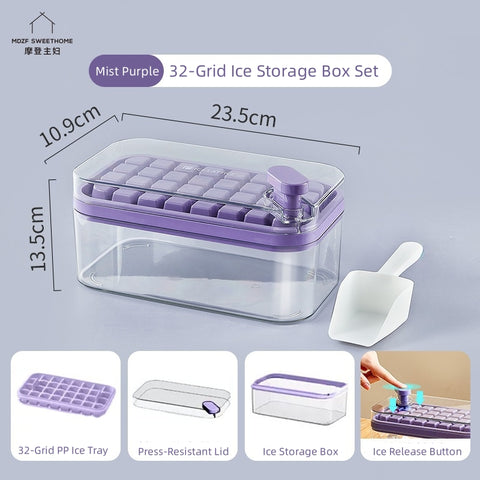 MDZF SWEET HOME Instant-Release Ice Cube Tray Set - 64 Cells, Food-Grade, Stackable, One-Press Ice Maker with Ice Scoop (Orange, Purple, Green, White)