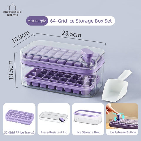 MDZF SWEET HOME Instant-Release Ice Cube Tray Set - 64 Cells, Food-Grade, Stackable, One-Press Ice Maker with Ice Scoop (Orange, Purple, Green, White)