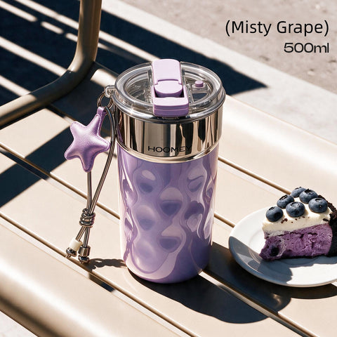 HOOMEY Floating Light Ceramic-Lined Mug – 316 Stainless Steel Insulated Coffee Tumbler with Quick-Release Drinking Module, Leak-Proof Screw Lid, Removable Crystal & Star Pendant, 350ml/500ml
