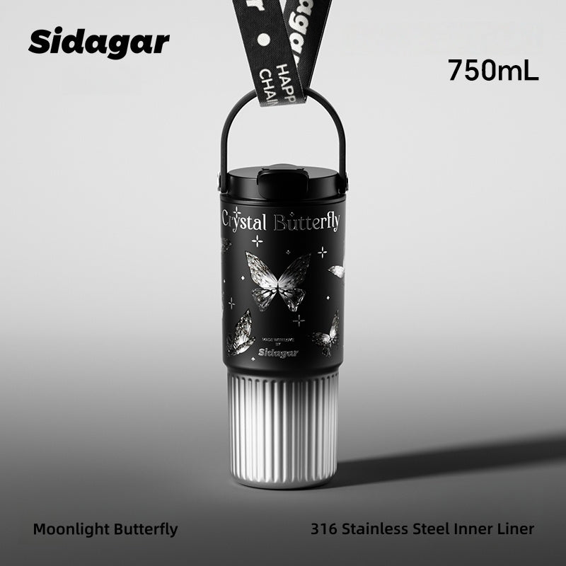 Sidagar Nova Insulated Stainless Steel Water Bottle with Ceramic Coating, 3 Drinking Modes (Straw/Sip/Share), 620ml, Leakproof & Portable Handle – Crystal Butterfly Design