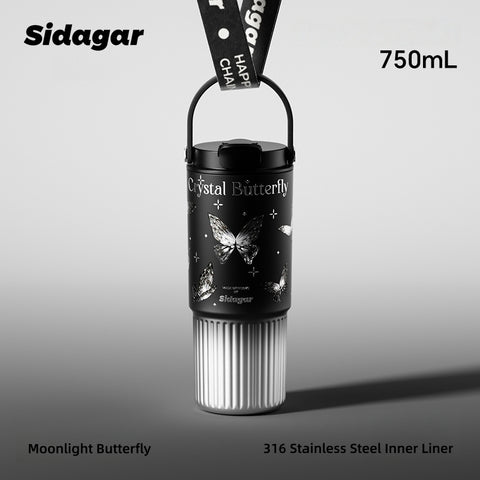 Sidagar Nova Insulated Stainless Steel Water Bottle with Ceramic Coating, 3 Drinking Modes (Straw/Sip/Share), 620ml, Leakproof & Portable Handle – Crystal Butterfly Design