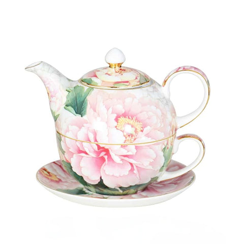 Moonlit Blossom bone china teapot with 24K gold peonies