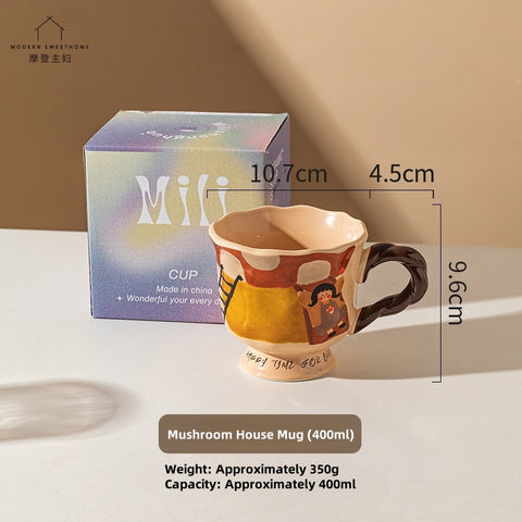 MDZF Artisan Ceramic Mug - 400ml Whimsical Animal Design, Microwave & Dishwasher Safe, High-Footed Retro Coffee Cup with Wavy Rim