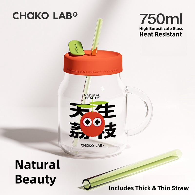 Chako Lab Trendy 450ml Glass Bottle with Dual Straws | Hygienic, Leak-Proof, and Stylish Design