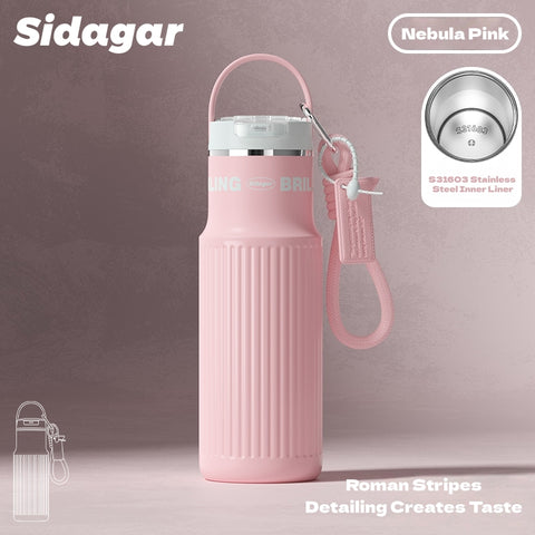 Sidagar Light Column Stainless Steel Water Bottle – 570ml, Double Drinking Modes, 360° Leakproof, Insulated, S31603 Inner Layer, Roman Stripe Design