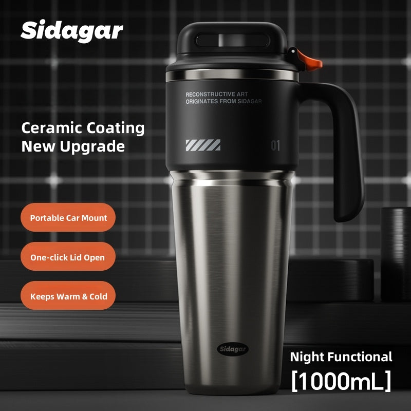 Sidagar Cyber Reconstruction Ice Dominator Cup – 1000ml Insulated Water Bottle with One-Hand Open Lid, Leak-Proof Stainless Steel Thermos for Fitness, Travel, and Daily Use