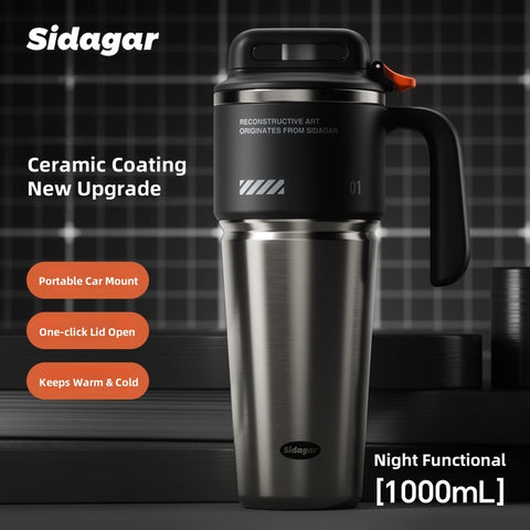 Sidagar Cyber Reconstruction Ice Dominator Cup – 1000ml Insulated Water Bottle with One-Hand Open Lid, Leak-Proof Stainless Steel Thermos for Fitness, Travel, and Daily Use