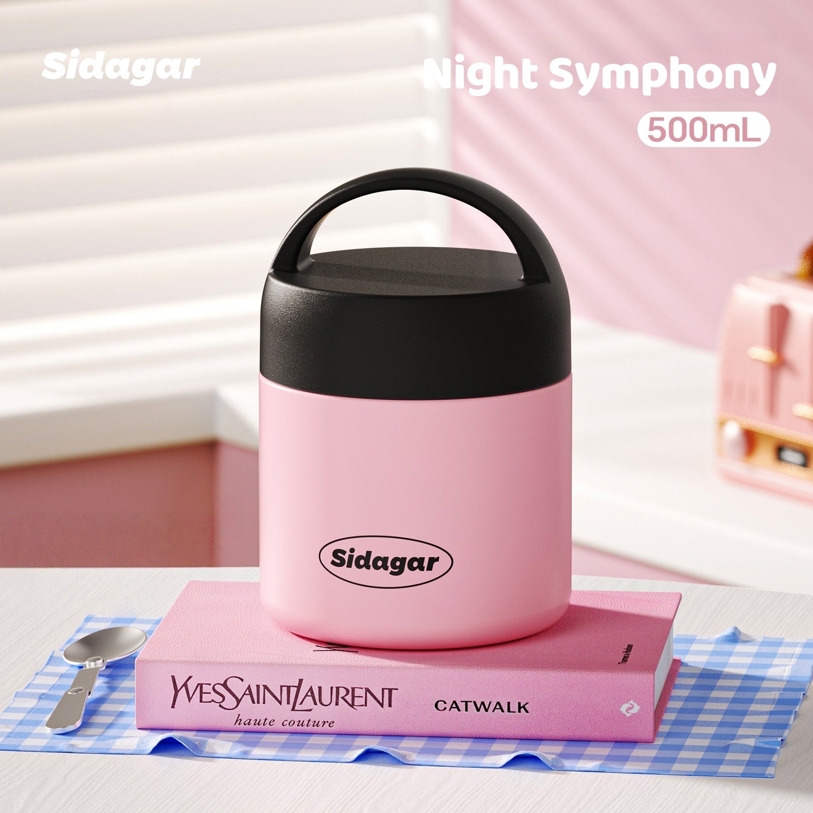 Sidagar 500ml Vacuum Insulated Lunch Box - 316L Stainless Steel Food Container with Foldable Spoon, Leak-Proof, for Work, School, Bento & Meal Prep (Mint Peach, Yellow, Pink)