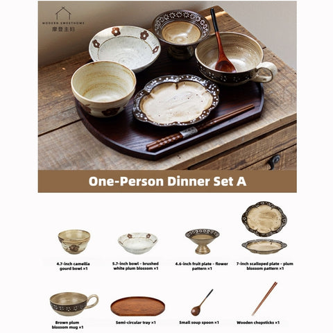 Elevate Solo Dining: Hand-Painted Vintage Ceramic Tableware Set with Kiln-Changed Glaze, Microwave & Oven Safe.