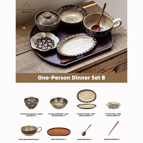 Elevate Solo Dining: Hand-Painted Vintage Ceramic Tableware Set with Kiln-Changed Glaze, Microwave & Oven Safe.