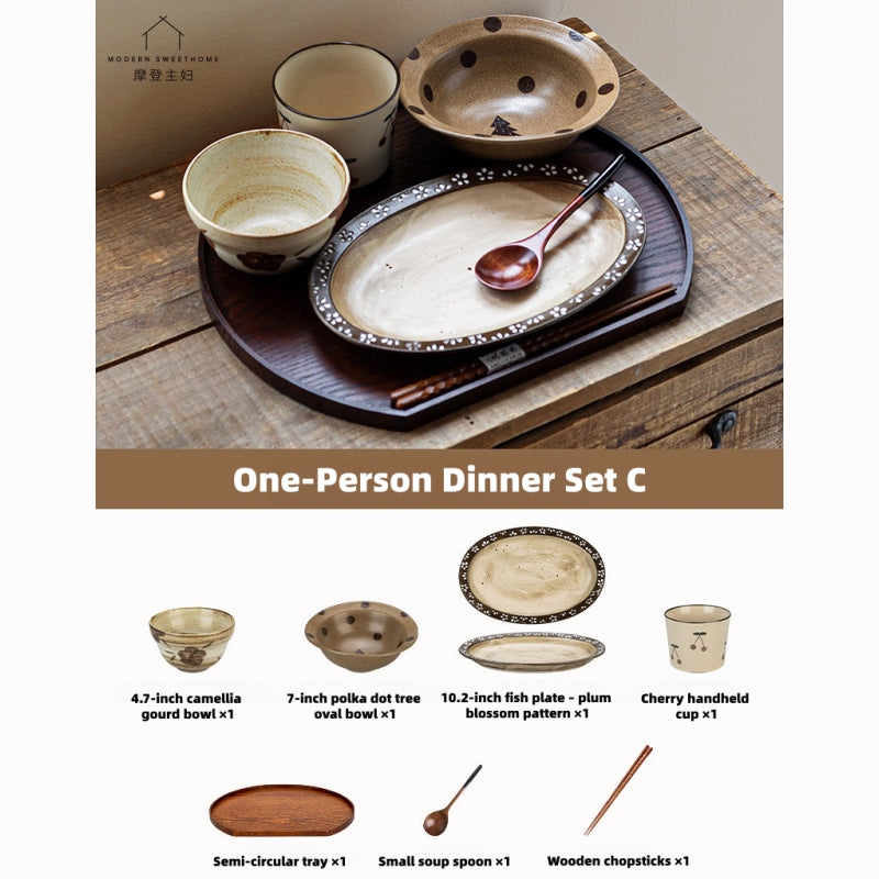 Elevate Solo Dining: Hand-Painted Vintage Ceramic Tableware Set with Kiln-Changed Glaze, Microwave & Oven Safe.