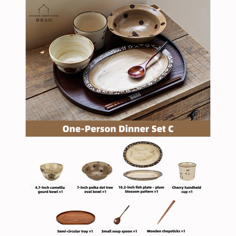Elevate Solo Dining: Hand-Painted Vintage Ceramic Tableware Set with Kiln-Changed Glaze, Microwave & Oven Safe.