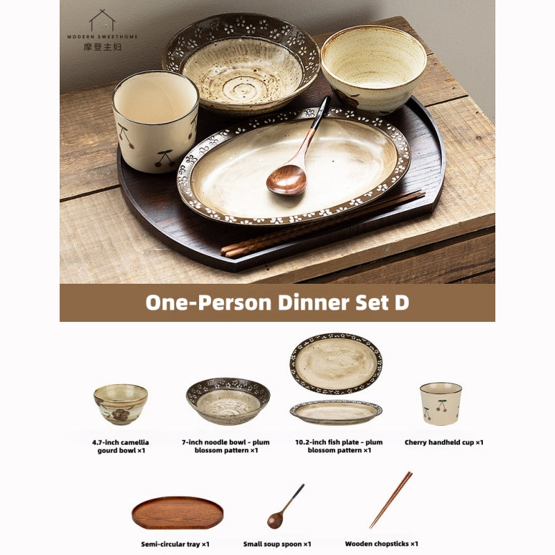 Elevate Solo Dining: Hand-Painted Vintage Ceramic Tableware Set with Kiln-Changed Glaze, Microwave & Oven Safe.