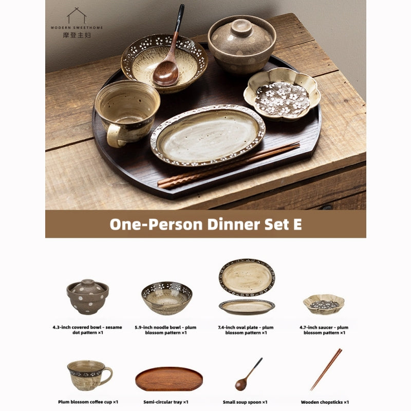 Elevate Solo Dining: Hand-Painted Vintage Ceramic Tableware Set with Kiln-Changed Glaze, Microwave & Oven Safe.