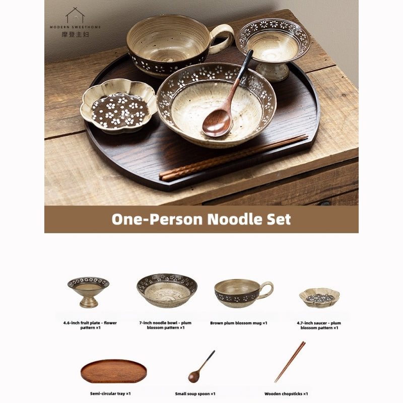 Elevate Solo Dining: Hand-Painted Vintage Ceramic Tableware Set with Kiln-Changed Glaze, Microwave & Oven Safe.