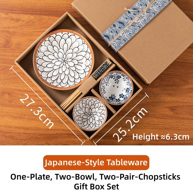 THREE LIFE Rattan Series Japanese Ceramic Dinnerware Set – Blue & White Floral Plates, Rice Bowls, Chopsticks & Spoon | Hand-Painted Underglaze Porcelain Tableware for Home Kitchen