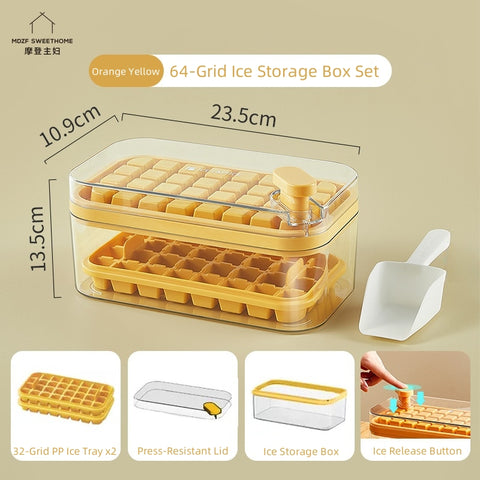 MDZF SWEET HOME Instant-Release Ice Cube Tray Set - 64 Cells, Food-Grade, Stackable, One-Press Ice Maker with Ice Scoop (Orange, Purple, Green, White)