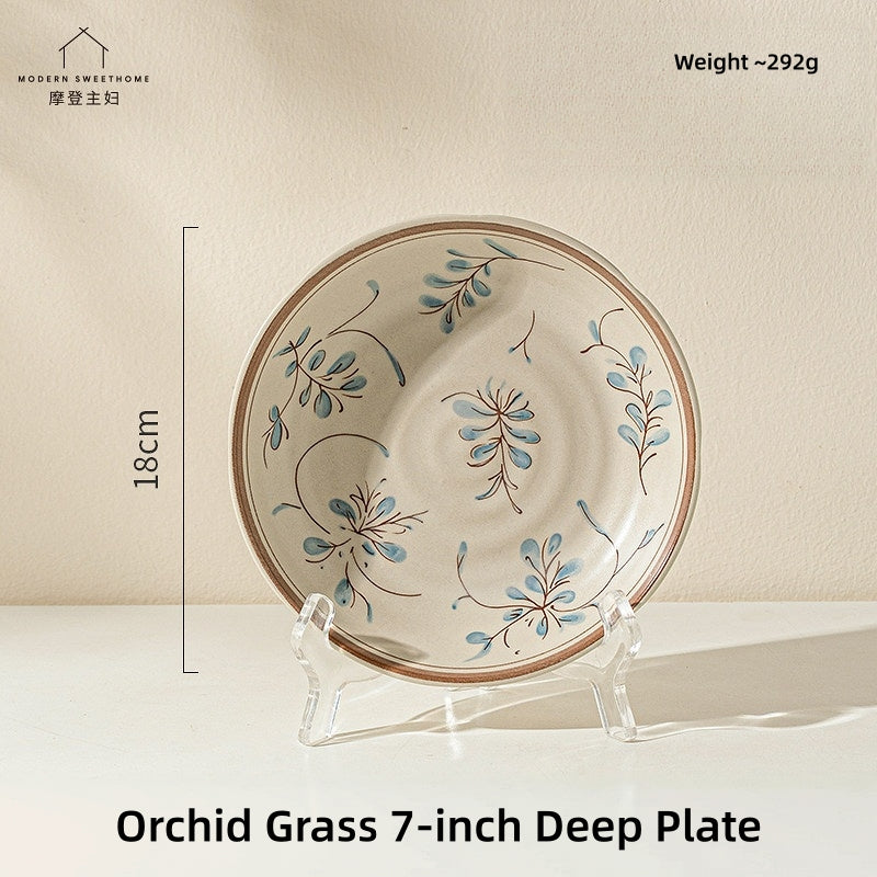 Modern Sweet Home Bluegrass Series Vintage Ceramic Dinnerware - Sold Individually or in Sets (9/18/27 Pieces), Underglaze Floral Tableware for 2, 4, or 6 People, Microwave & Oven Safe, Rustic Farmhouse Decor.