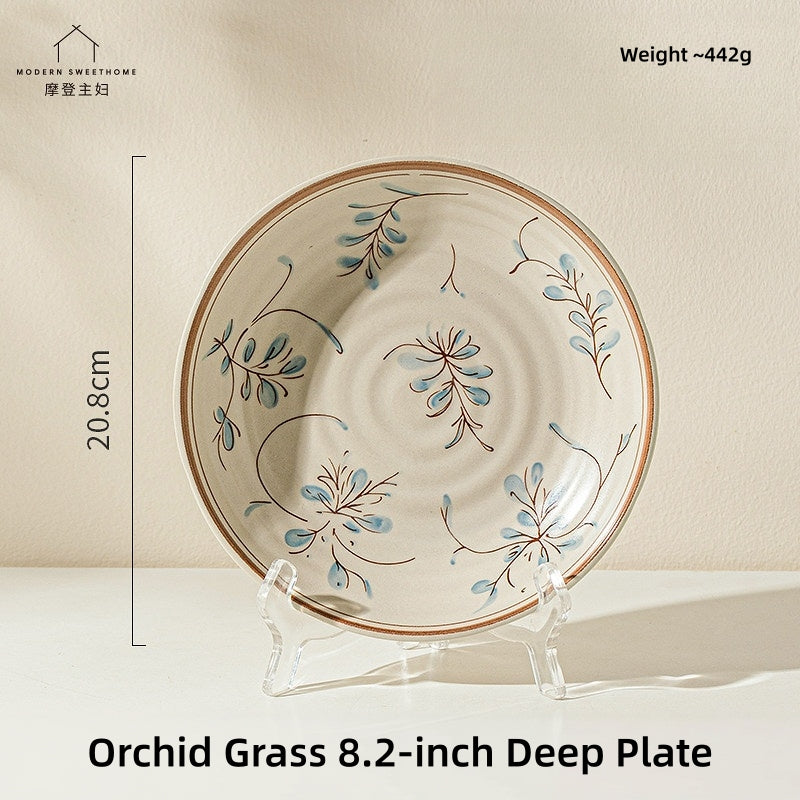 Modern Sweet Home Bluegrass Series Vintage Ceramic Dinnerware - Sold Individually or in Sets (9/18/27 Pieces), Underglaze Floral Tableware for 2, 4, or 6 People, Microwave & Oven Safe, Rustic Farmhouse Decor.