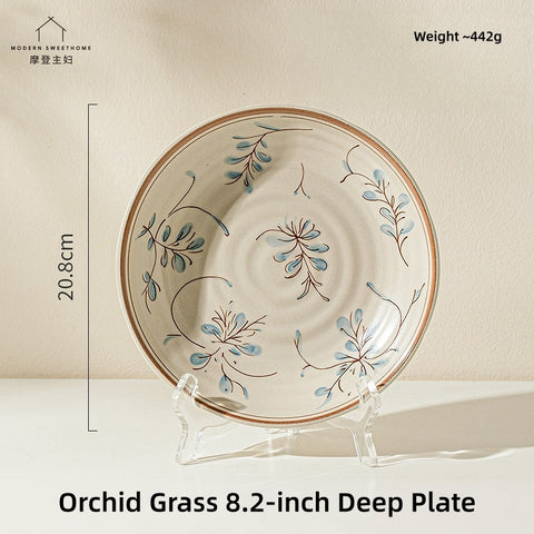 Modern Sweet Home Bluegrass Series Vintage Ceramic Dinnerware - Sold Individually or in Sets (9/18/27 Pieces), Underglaze Floral Tableware for 2, 4, or 6 People, Microwave & Oven Safe, Rustic Farmhouse Decor.
