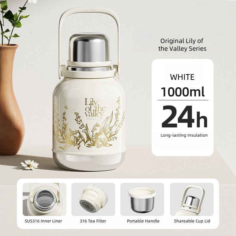 Lily of the Valley Vacuum Flask - 1000ml Stainless Steel Insulated Bottle with Dual-use Lid for Tea and Coffee | Portable, Leak-proof, and High-capacity