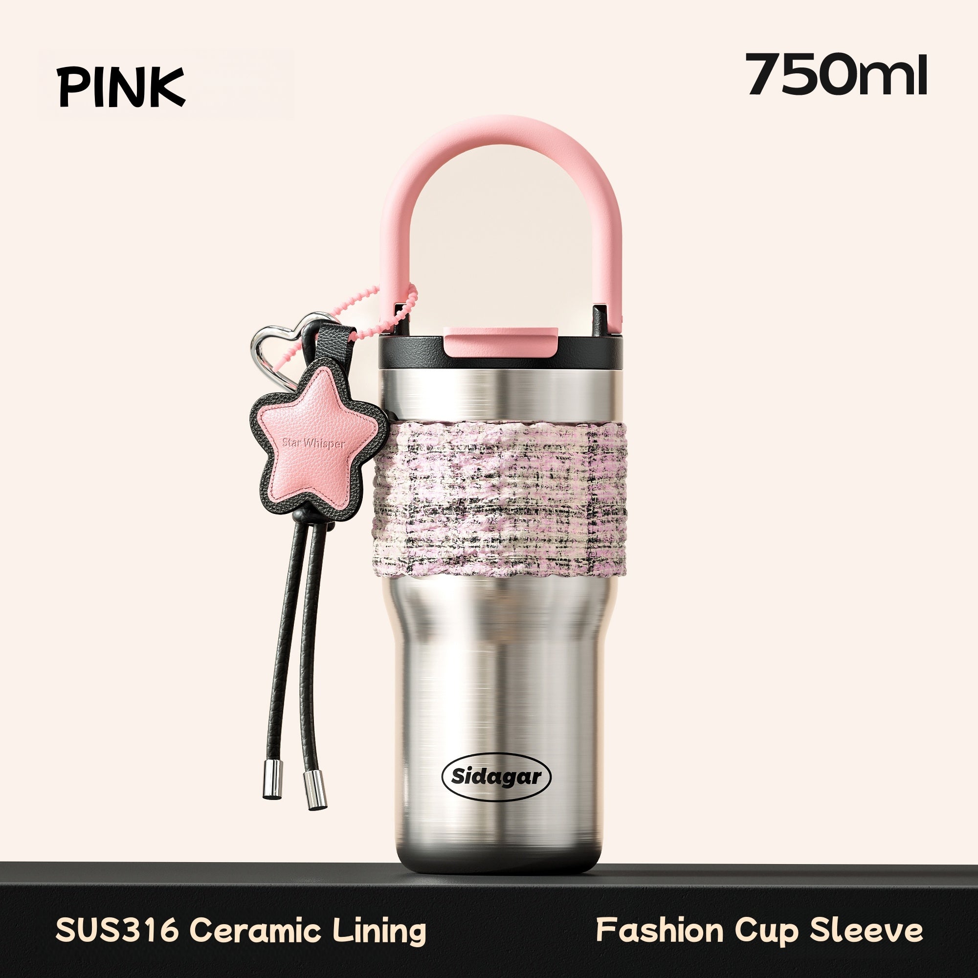 Sidagar COCO Insulated Stainless Steel Tumbler with Fashion Tweed Sleeve, 750ml, Leakproof, Dual Drink Lids, Car Cup Holder Friendly, SUS316 Ceramic Coated