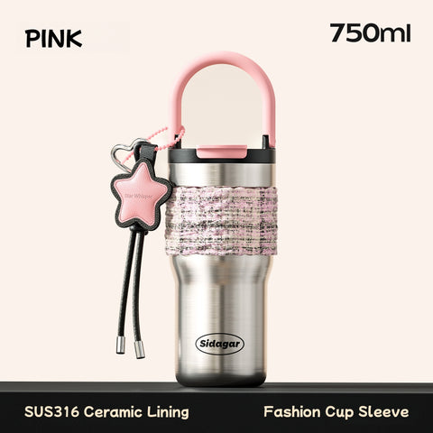 Sidagar COCO Insulated Stainless Steel Tumbler with Fashion Tweed Sleeve, 750ml, Leakproof, Dual Drink Lids, Car Cup Holder Friendly, SUS316 Ceramic Coated