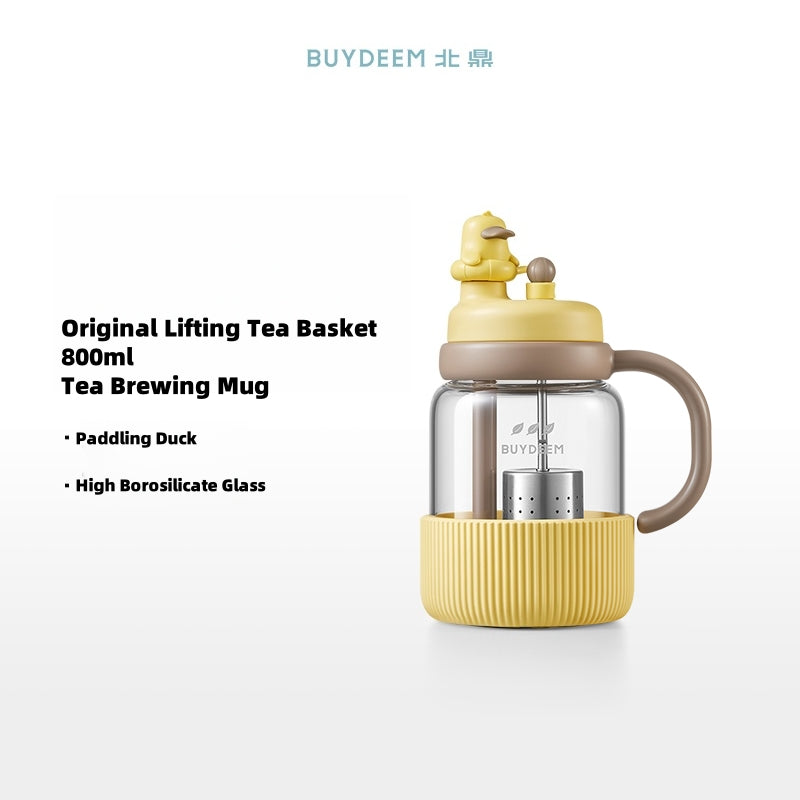 BUYDEEM Automatic Lift Tea Tumbler with Straw - 600ml & 800ml Glass Infuser Mug, Leak-Proof, Tritan Straw, Dual-Handle Design