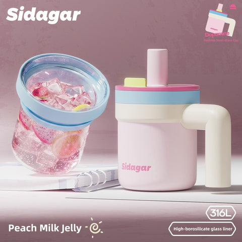 Sidagar Little Sugar Cube 2-in-1 Glass-Lined Stainless Steel Tumbler – Borosilicate Glass Inner Cup + 316L Steel Outer Cup, Odorless, Easy Clean, 6H Insulation, Phone Stand Lid (390ml/500ml, Peach Milk Jelly / Chestnut Latte)