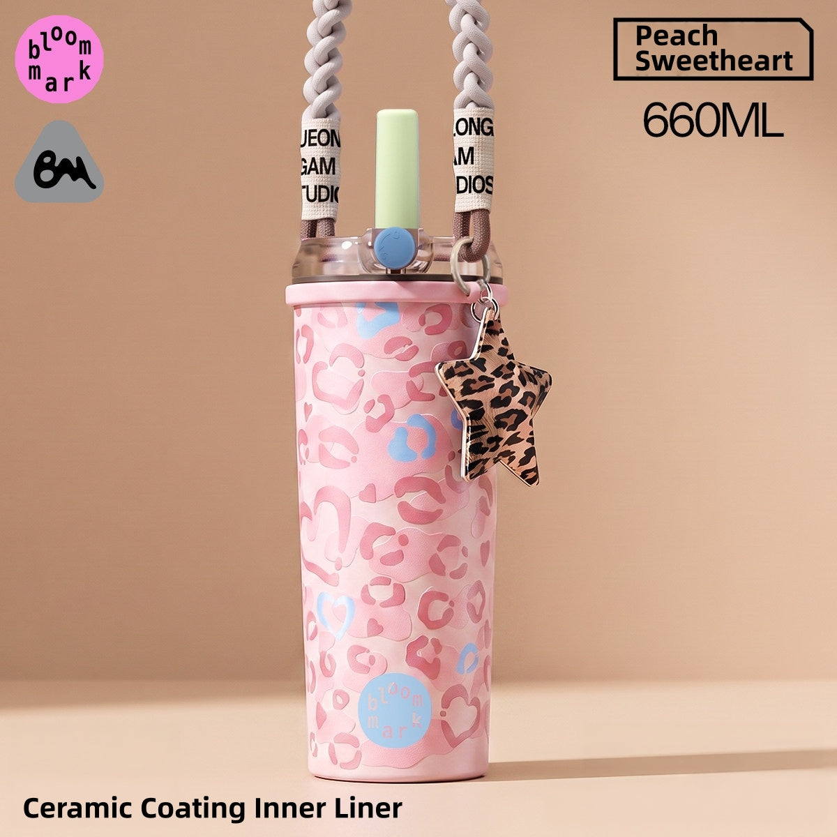 BLOOMMARK Leopard Print Insulated Tumbler with Straw – 660ml/430ml Ceramic-Lined Stainless Steel Travel Cup – 8H Cold & 6H Hot Retention, Leak-Proof Finger-Lock Lid, Braided Carry Strap, Fits Car Cup Holders